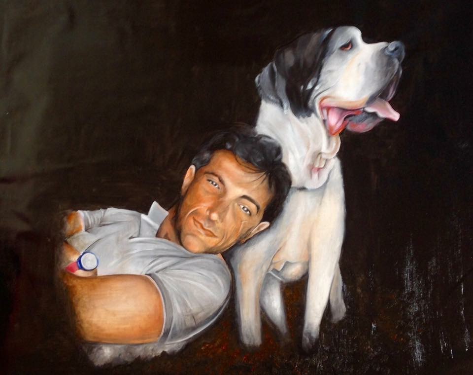 Ritratto dipinto di Tullio Condello accanto al suo alano